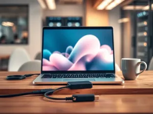 Nowoczesny laptop diagnostyczny podłączony do auta w warsztacie, z kolorowymi wykresami na ekranie, gotowy do analizy danych