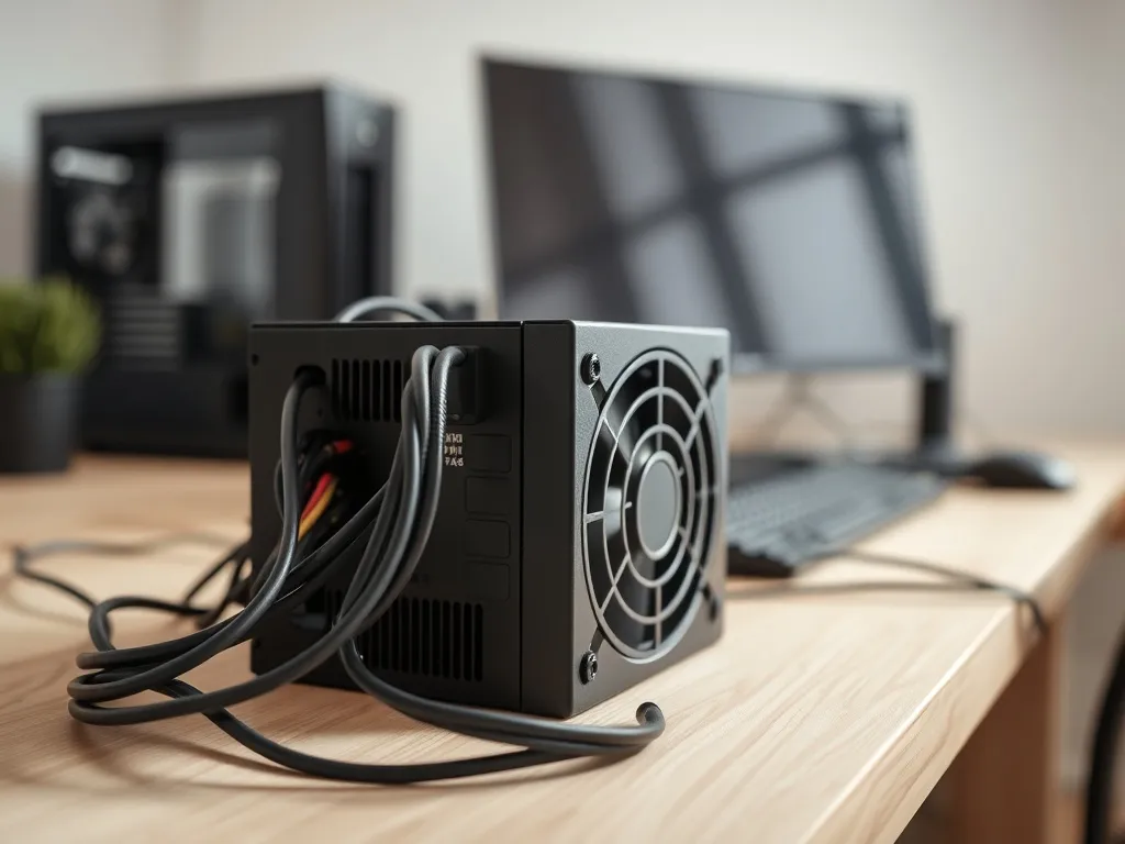 Zasilacz komputerowy na biurku, z uporządkowanymi kablami, na tle otwartej obudowy PC w domowym biurze.