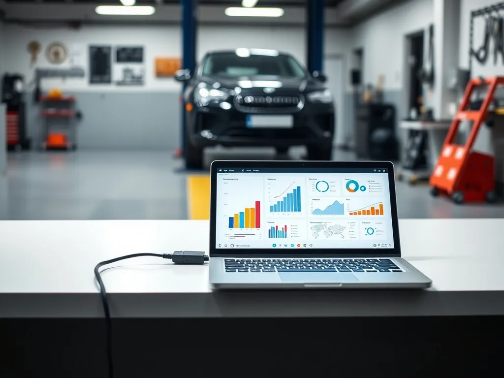 Nowoczesny laptop diagnostyczny podłączony do auta w warsztacie, z kolorowymi wykresami na ekranie, gotowy do analizy danych