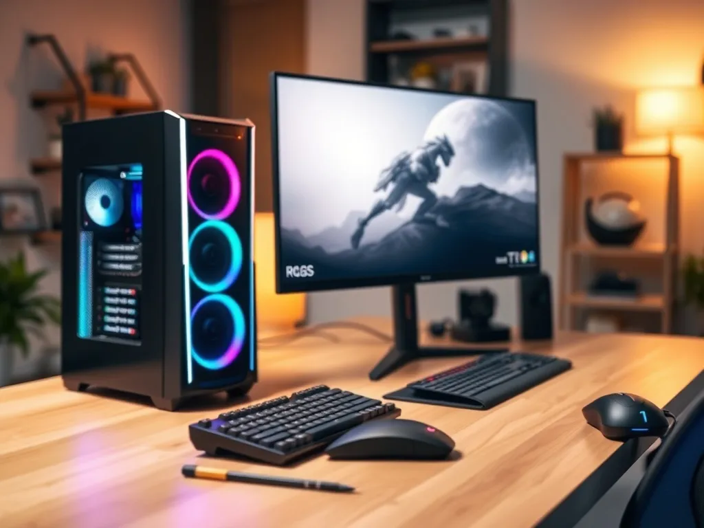 Nowoczesny komputer do gier na biurku, z podświetlaną obudową i monitorem, tworzący komfortowe stanowisko gamingowe