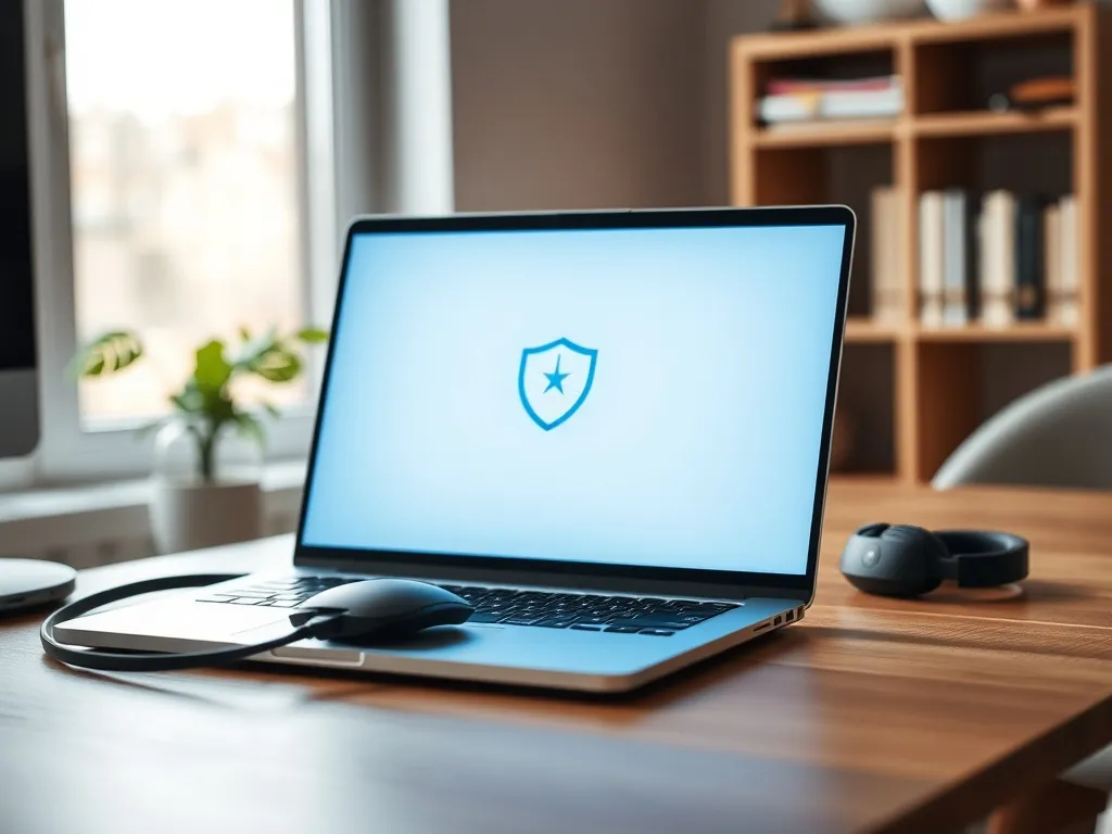 Laptop z ikoną tarczy na ekranie na biurku w domowym biurze, symbolizujący ochronę antywirusem i bezpieczne korzystanie z PC