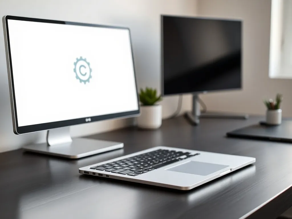 Laptop na biurku z ikoną ustawień na ekranie, symbolizujący reset komputera do ustawień fabrycznych.