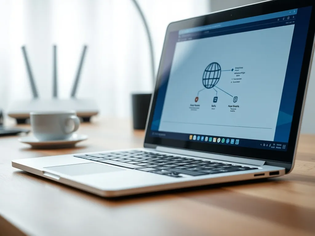 Laptop z widokiem prostej strony i ikoną globu, obok router Wi‑Fi – wizualizacja konfiguracji CDN dla WordPress.