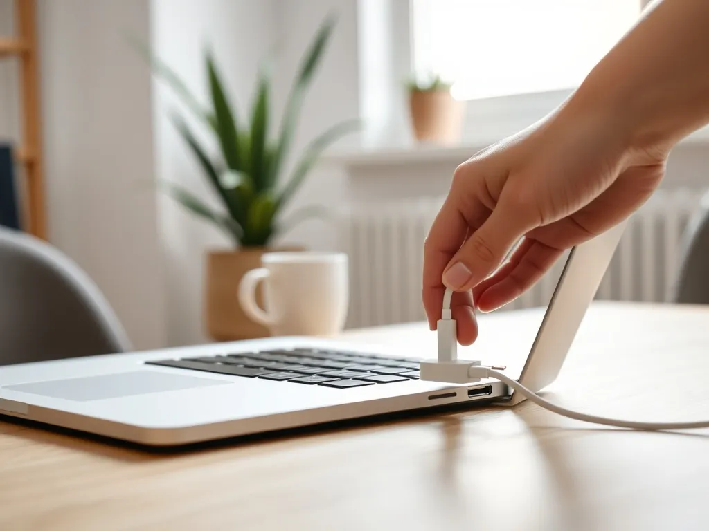 Laptop na biurku podczas podłączania ładowarki, podkreślający troskę o prawidłowe ładowanie baterii.