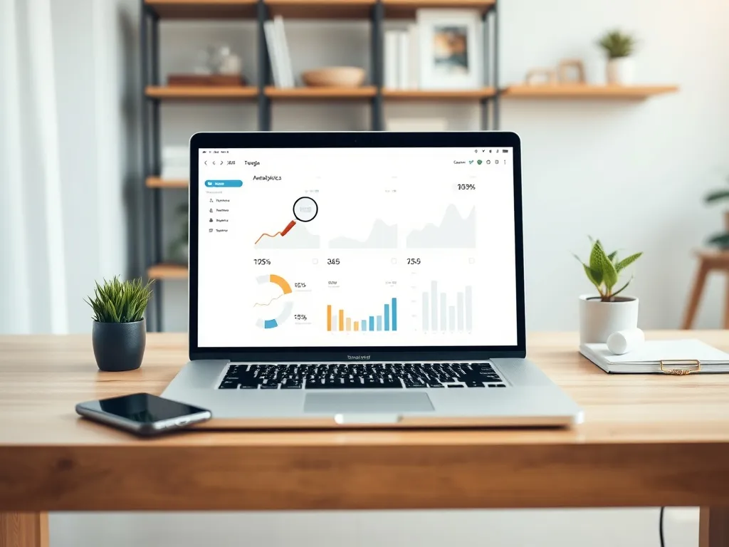Laptop z otwartym panelem analitycznym na biurku, symbolizujący konfigurację Google Search Console w WordPress.
