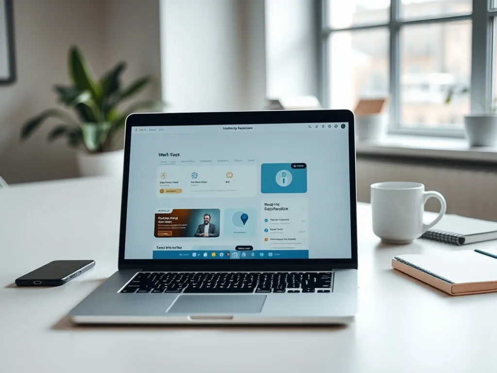 Laptop z otwartym panelem WordPress i ikoną kłódki HTTPS na biurku, w tle spokojne, profesjonalne biuro