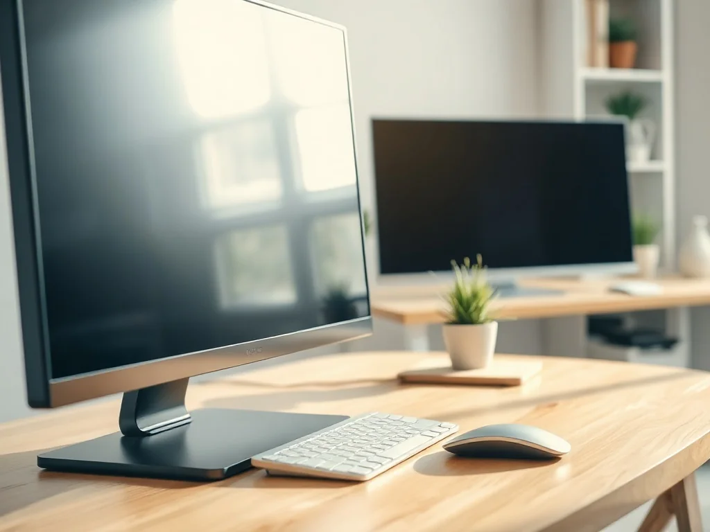 Nowoczesny monitor na minimalistycznym biurku w domowym biurze, ilustrujący wybór matrycy IPS lub VA