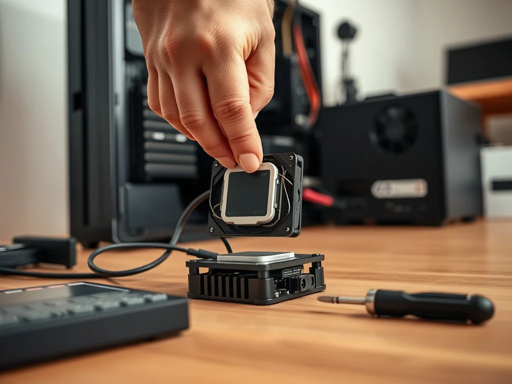 Ręka nakłada świeżą pastę termiczną na procesor w otwartym komputerze, obok leży chłodzenie CPU i śrubokręt