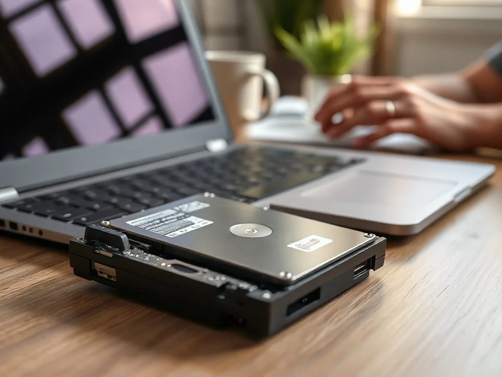 Laptop na biurku z leżącymi obok siebie dyskami SSD i HDD, ilustrujący porównanie obu rozwiązań pamięci.