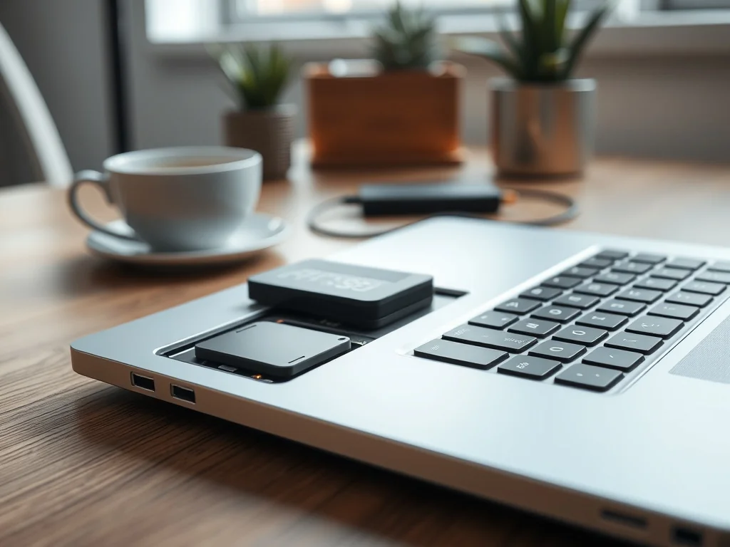 Otwarty laptop z wyjętym dyskiem SSD na biurku, w tle domowe biuro z kawą i zewnętrznym SSD podłączonym kablem