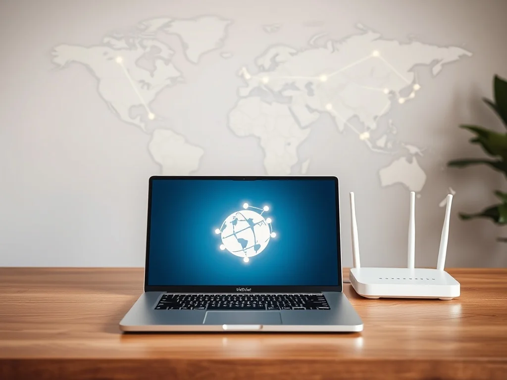 Laptop z ikoną sieci, router i mapa świata z połączeniami, obrazują działanie i globalny charakter systemu DNS.