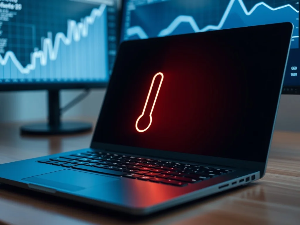Laptop nagrzewający się podczas pracy, z ikoną termometru i spadkiem wydajności pokazanym na wykresie w tle