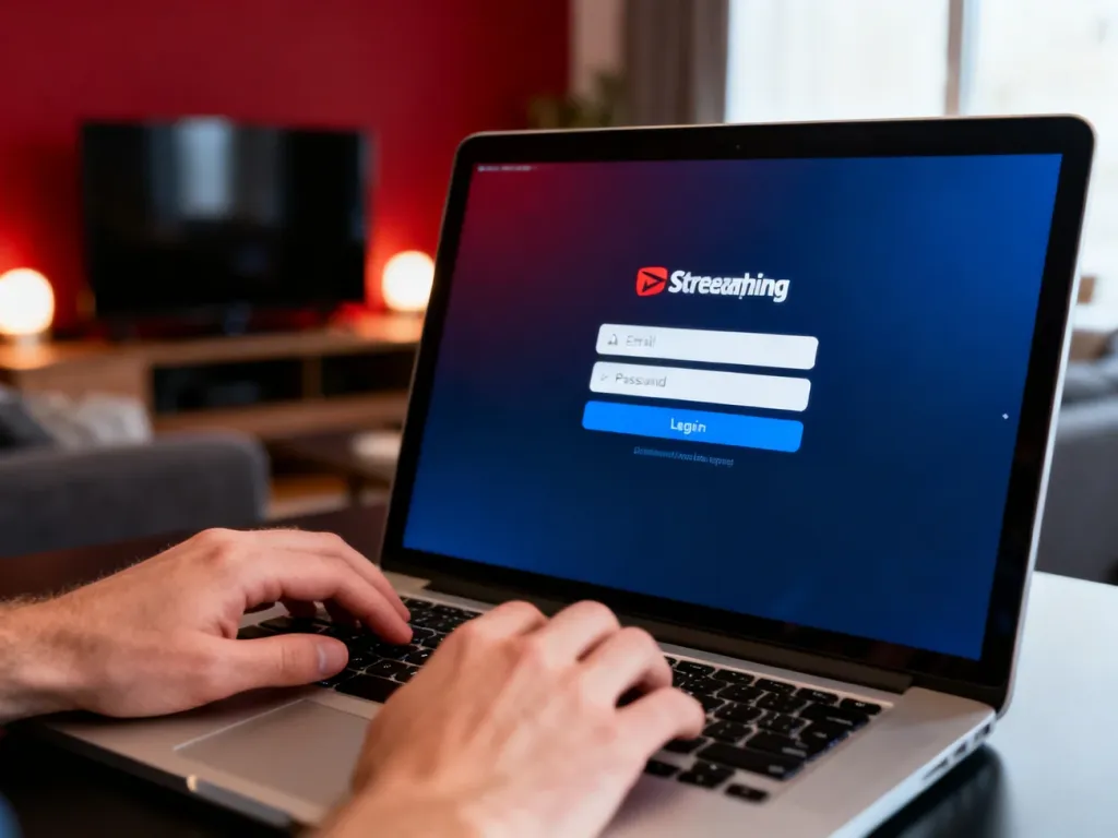 Osoba loguje się na platformę streamingową na laptopie, w tle przytulny salon z telewizorem i nastrojowym oświetleniem.