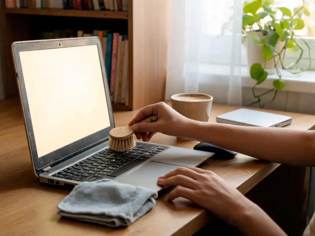 Czyszczenie klawiatury starego laptopa na domowym biurku jako prosty sposób na przyspieszenie i odświeżenie sprzętu
