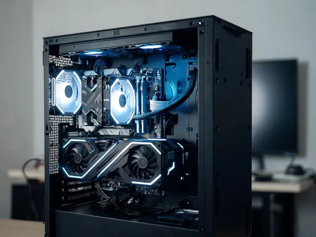 Wnętrze nowoczesnego PC z kartą graficzną i chłodzeniem CPU, podświetlone na niebiesko, sugerujące chłodniejszą i cichszą pracę.