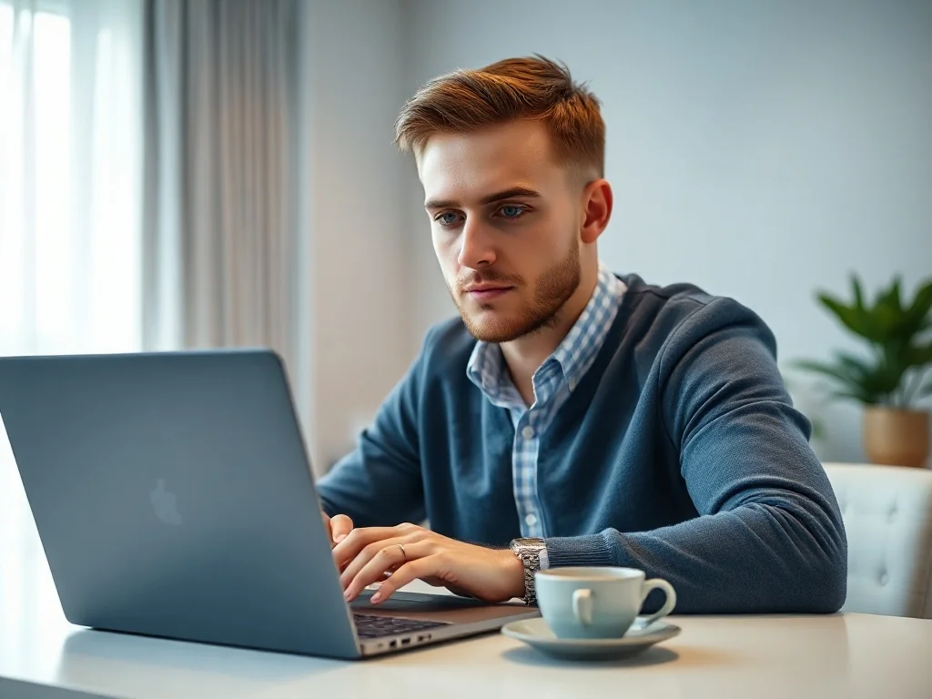 Mężczyzna pracujący przy laptopie w nowoczesnym biurze, logujący się do panelu użytkownika.