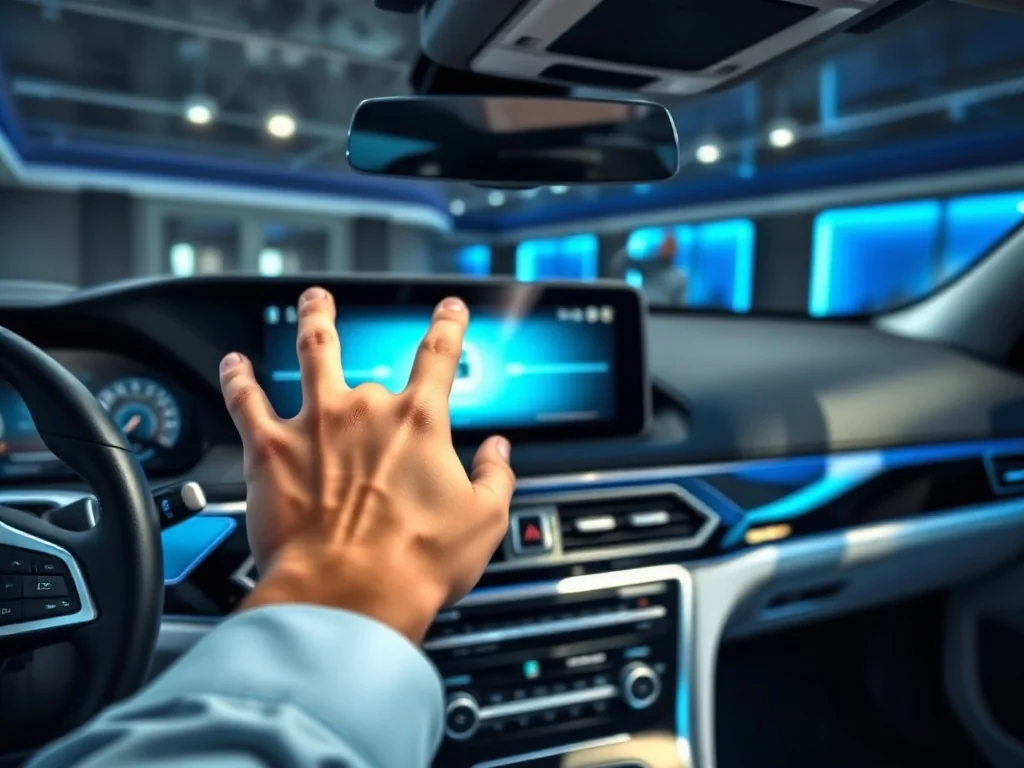 Kierowca dotyka ekranu dotykowego w nowoczesnym wnętrzu samochodu Mercedes, aby zalogować się do systemu multimedialnego.
