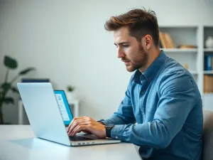 Mężczyzna pracujący przy laptopie w nowoczesnym biurze, symbolizujący łatwy dostęp do panelu klienta online.