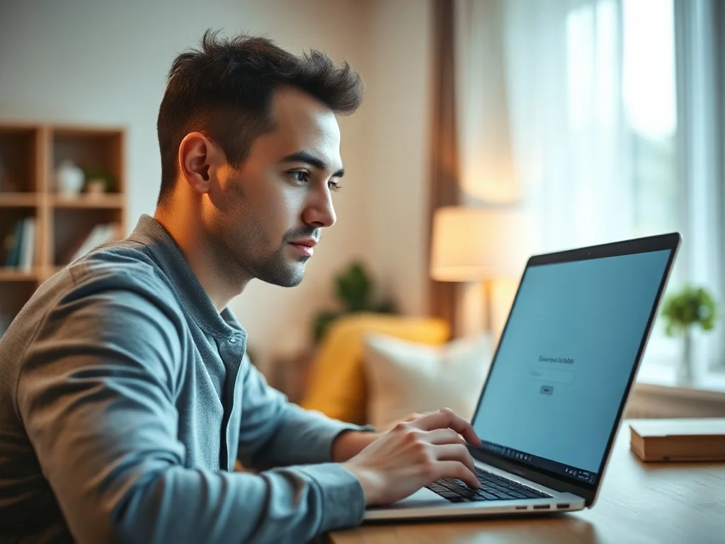 Mężczyzna logujący się do konta klienta na laptopie w przytulnym domowym biurze.