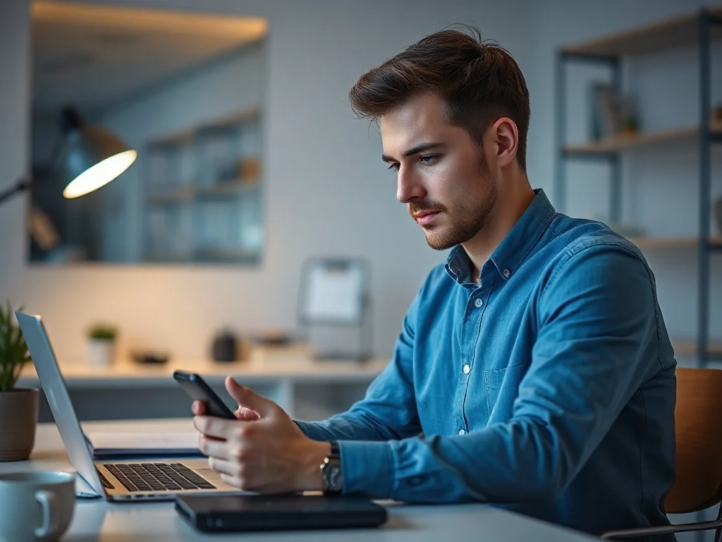 Mężczyzna logujący się do serwisu na laptopie, trzymający w dłoni smartfon w nowoczesnym biurze domowym.