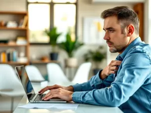 Mężczyzna pracujący przy laptopie z wyświetlonym profesjonalnym panelem zarządzania w nowoczesnym biurze.
