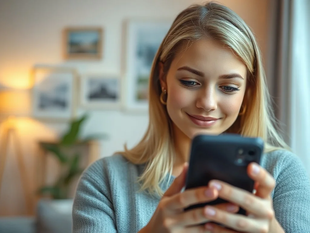 Kobieta z zadowoleniem sprawdza stan konta na ekranie smartfona w przytulnym salonie.