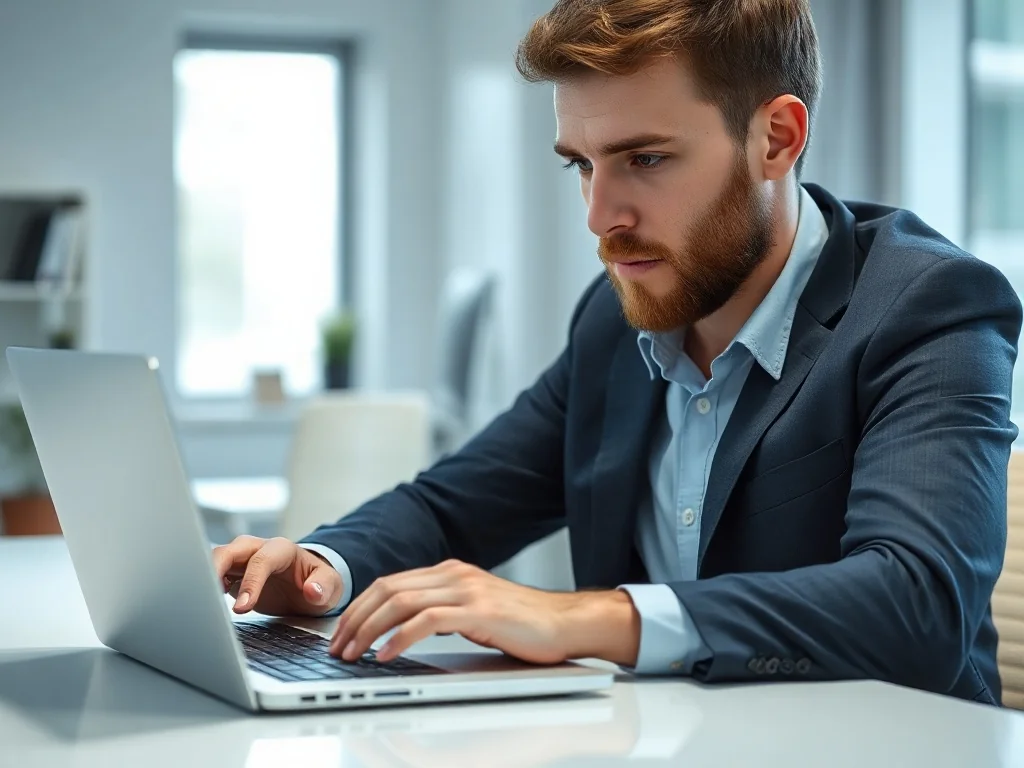 Pracownik korzystający z laptopa w nowoczesnym biurze, logujący się do firmowego portalu w profesjonalnym otoczeniu.