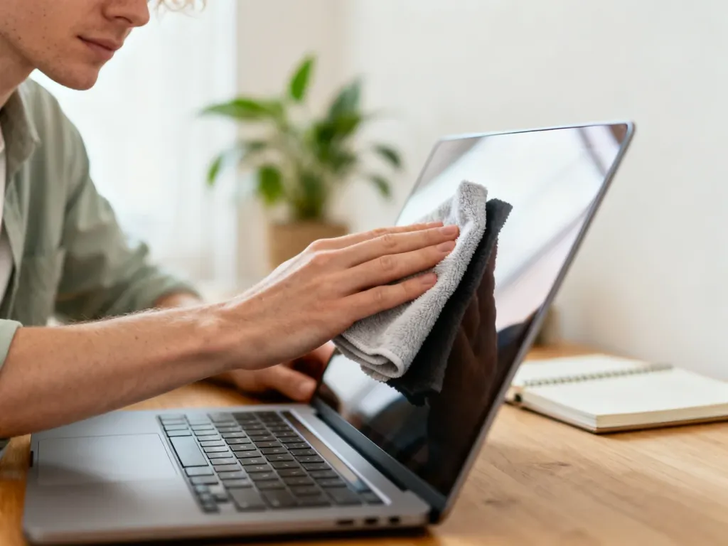 Dłoń delikatnie czyści ekran laptopa miękką ściereczką z mikrofibry w domowym biurze, by uniknąć zarysowań.