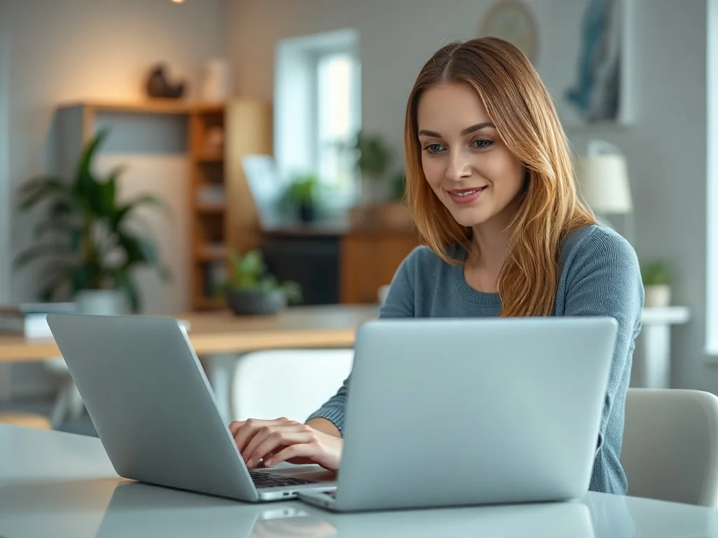 Kobieta przy biurku korzystająca z laptopa, logująca się do konta klienta w sklepie internetowym.