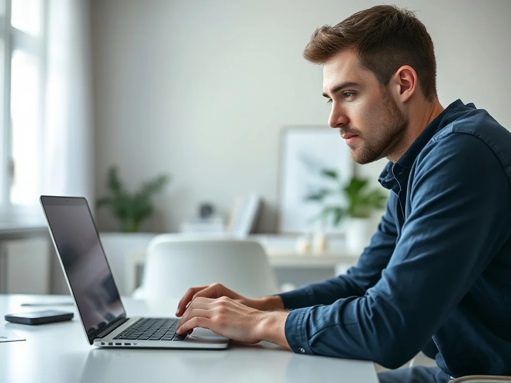 Mężczyzna przy laptopie logujący się do bezpiecznego panelu klienta w nowoczesnym biurze domowym.