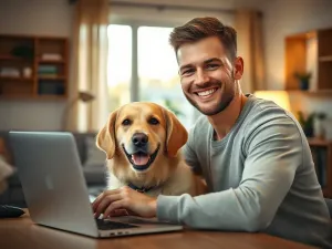 Mężczyzna logujący się do konta klienta na laptopie w przytulnym domowym biurze.