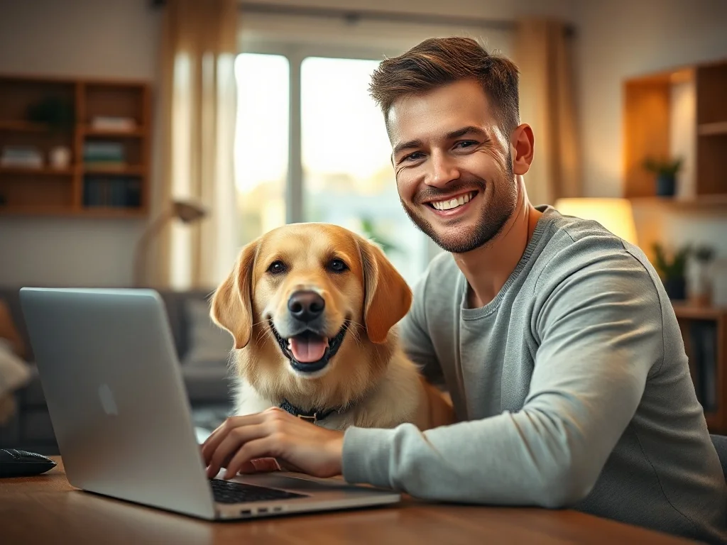 Uśmiechnięty mężczyzna z psem rasy golden retriever przy laptopie w przytulnym salonie.