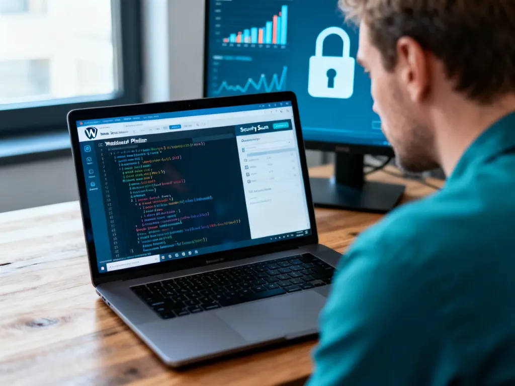 Programista analizuje kod wtyczki WordPress na laptopie, obok widoczne panele skanowania bezpieczeństwa, no text on the picture