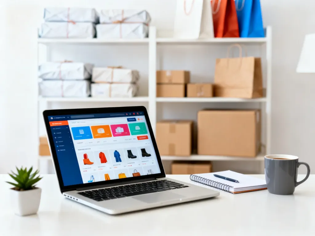 Nowoczesne biuro domowe z laptopem z wykresami e‑commerce i paczkami w tle, symbolizujące rosnącą sprzedaż online
