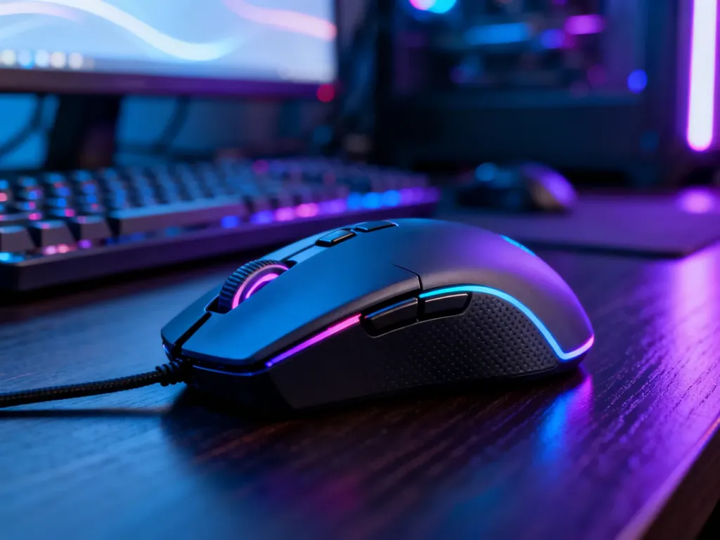 Nowoczesna myszka gamingowa RGB na biurku, z widocznym wyprofilowaniem i przyciskami, na tle rozmytego stanowiska gracza