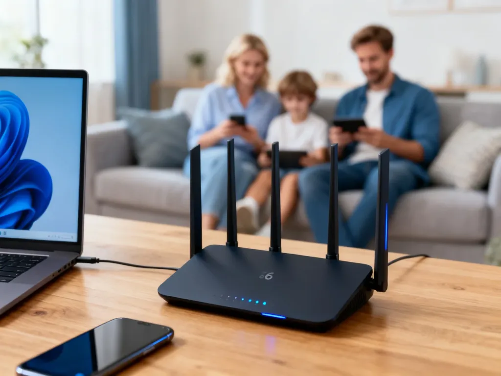 Nowoczesny router Wi‑Fi 6 na biurku obok laptopa i smartfona w rodzinnym salonie, podkreślający domową sieć no text on the picture
